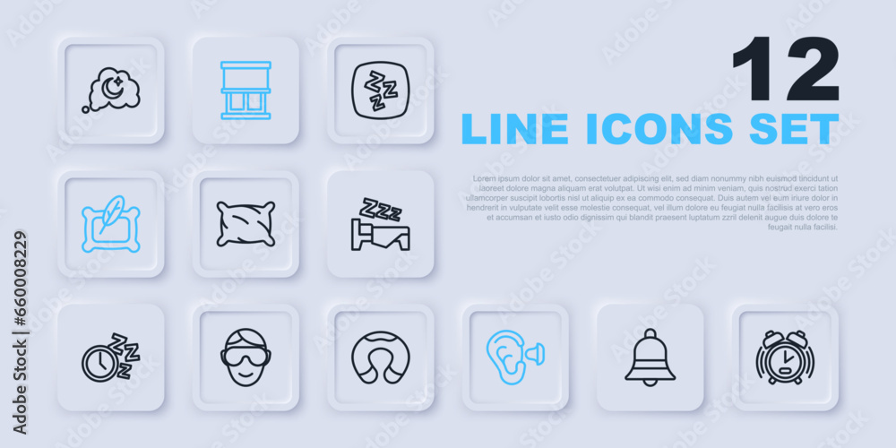 Set line Ringing bell, Alarm clock, Pillow, Earplugs and ear, Eye sleep mask, Window with curtains and Travel neck pillow icon. Vector Set line Ringing bell, Alarm clock, Pillow, Earplugs and ear, Eye sleep mask, Window with curtains and Travel neck pillow icon. Vector