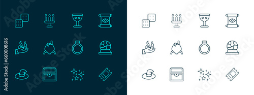 Set line Magic scroll, Antique treasure chest, stone ring, Magical glitter particles, Witch cauldron, Medieval goblet, Game dice and Candlestick icon. Vector