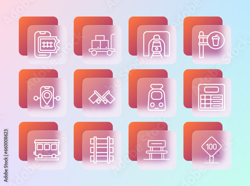 Set line Cafe and restaurant location, Railway, railroad track, Train railway, Waiting hall, Flag, tunnel, Online ticket booking and Trolley suitcase icon. Vector
