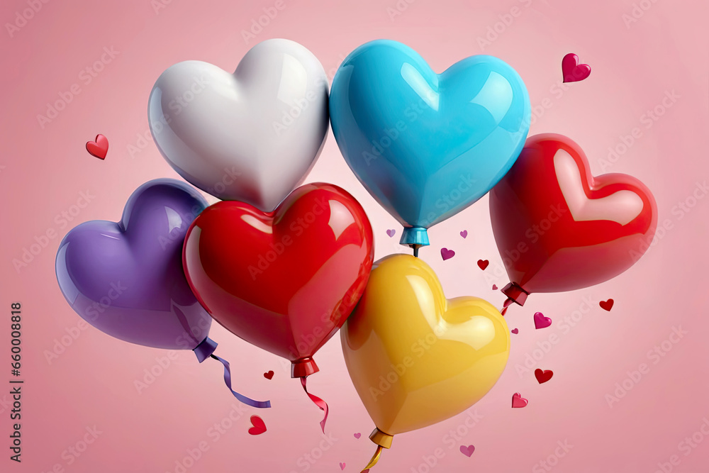 heart shaped balloons flying on the pink background. Sainte Valentine, mother's day, birthday greeting cards, invitation, celebration concept