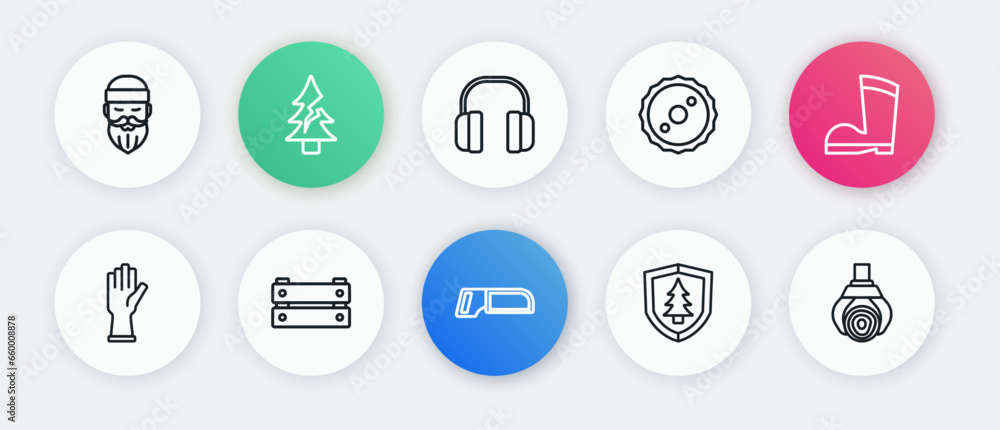 Set line Hacksaw, Waterproof rubber boot, Protective gloves, Shield with tree, Circular blade, Headphones, Grapple crane grabbed log and Wooden box icon. Vector Set line Hacksaw, Waterproof rubber boot, Protective gloves, Shield with tree, Circular blade, Headphones, Grapple crane grabbed log and Wooden box icon. Vector