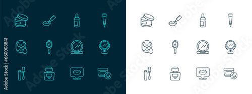 Set line Cream or lotion cosmetic tube, Perfume, Makeup powder with mirror, Smiling lips, Hand, Essential oil bottle, and Lip augmentation icon. Vector