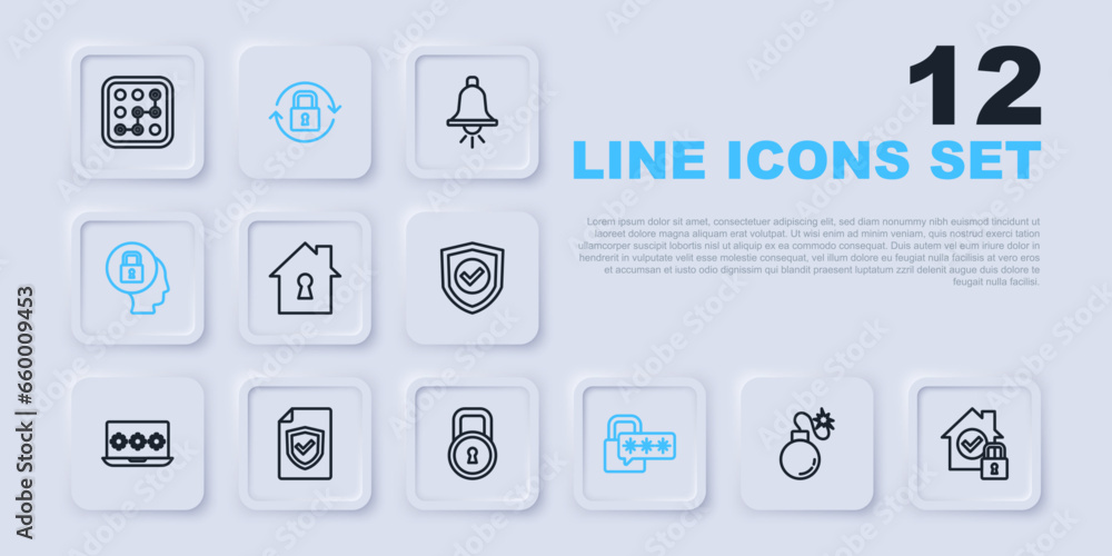 Set line Bomb, House under protection, Cyber security, Lock, Contract with shield, and icon. Vector Set line Bomb, House under protection, Cyber security, Lock, Contract with shield, and icon. Vector