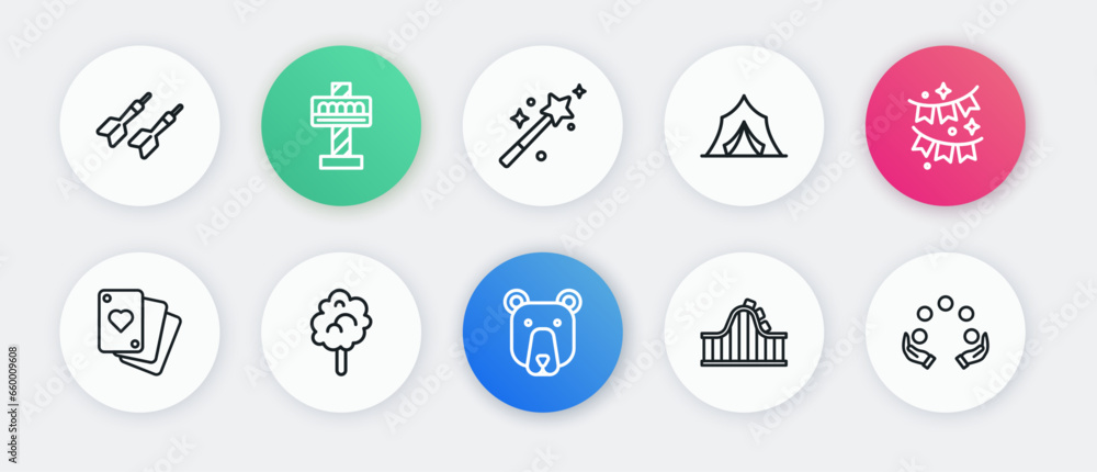 Set line Bear head, Carnival garland with flags, Playing cards, Roller coaster, Circus tent, Magic wand, Juggling ball and Cotton candy icon. Vector Set line Bear head, Carnival garland with flags, Playing cards, Roller coaster, Circus tent, Magic wand, Juggling ball and Cotton candy icon. Vector