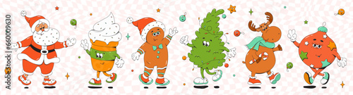 Christmas groovy mascot characters. Santa Claus  cookies  Christmas tree  deer and New Year s ball.