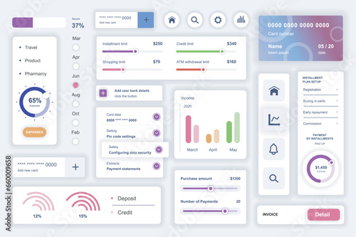 User interface elements set for data analysis mobile app. Kit template with HUD diagrams, statistic charts, financial report, credit card, performance. Pack of UI, UX, GUI screens. Vector components.