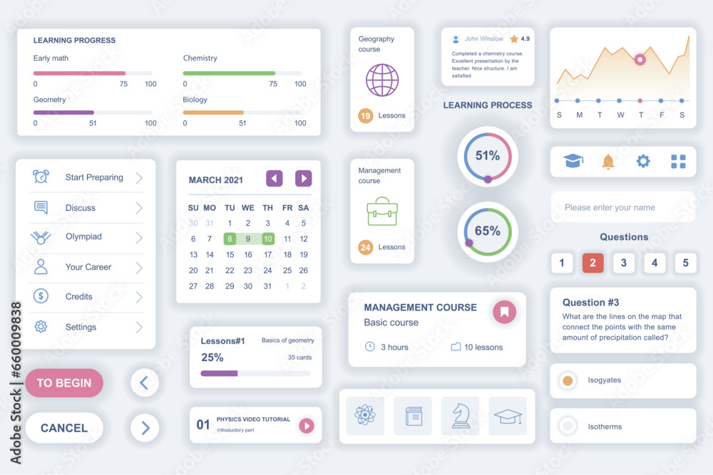 User interface elements set for education mobile app. Kit template with HUD diagrams, learning progress, calendar, lesson plan, profile management. Pack of UI, UX, GUI screens. Vector components.