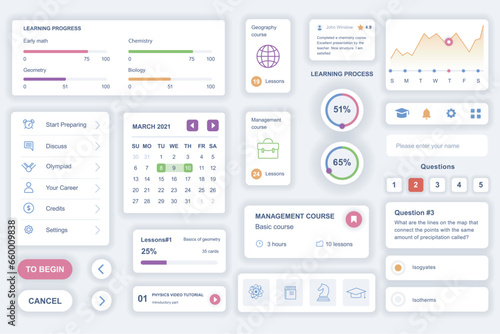 User interface elements set for education mobile app. Kit template with HUD diagrams, learning progress, calendar, lesson plan, profile management. Pack of UI, UX, GUI screens. Vector components.