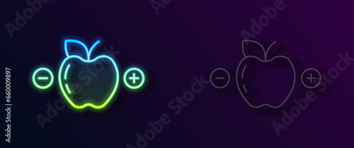 Glowing neon line Calorie calculator icon isolated on isolated on black background. Calorie count. Diet. Weight loss. Portion control. Healthy eating. Dietary nutrition. Vector
