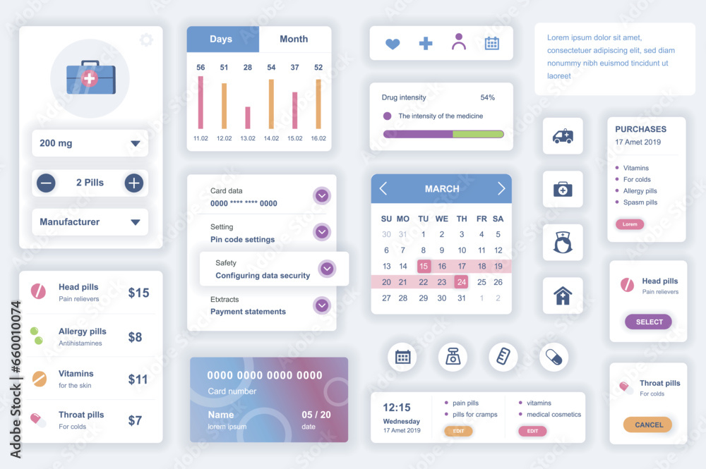 User interface elements set for medical mobile app. Kit template with HUD diagrams, clinic information, diagnosis, pills prescription, online pharmacy. Pack of UI, UX, GUI screens. Vector components. User interface elements set for medical mobile app. Kit template with HUD diagrams, clinic information, diagnosis, pills prescription, online pharmacy. Pack of UI, UX, GUI screens. Vector components.