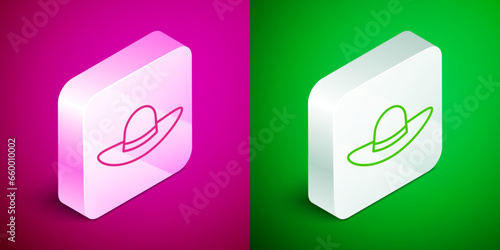Isometric line Elegant women hat icon isolated on pink and green background. Silver square button. Vector