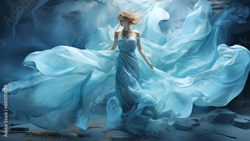 portrait of beautiful woman with blue hair, flying in silk cloth with flowing flowing fabric.