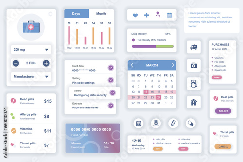 User interface elements set for medical mobile app. Kit template with HUD diagrams, clinic information, diagnosis, pills prescription, online pharmacy. Pack of UI, UX, GUI screens. Vector components.