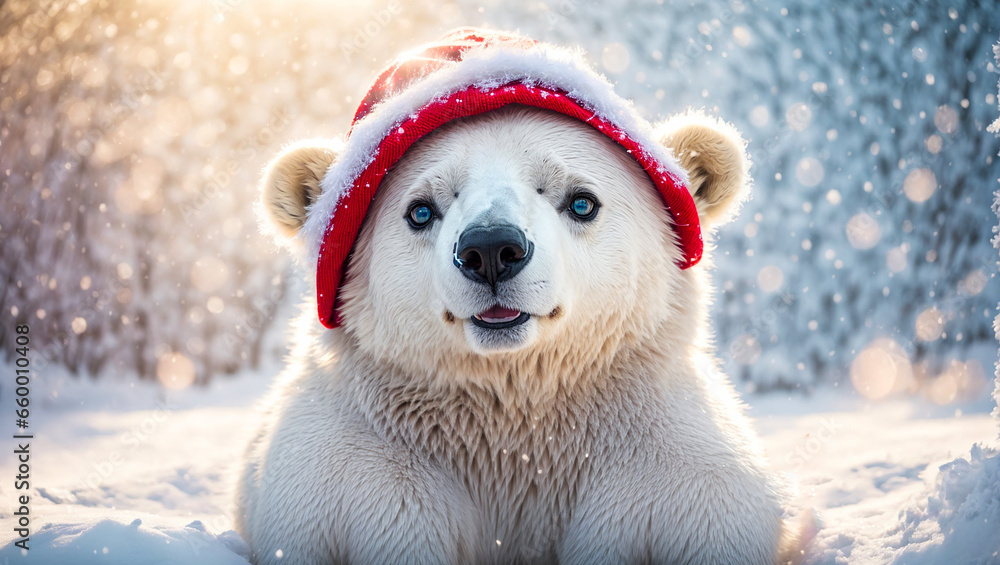 Cute cartoon bear in a hat on the snow Cute cartoon bear in a hat on the snow