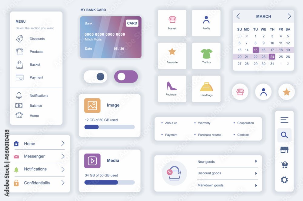 User interface elements set for shopping mobile app. Kit template with HUD diagrams, profile information, credit card payment, basket, search products. Pack of UI, UX, GUI screens. Vector components. User interface elements set for shopping mobile app. Kit template with HUD diagrams, profile information, credit card payment, basket, search products. Pack of UI, UX, GUI screens. Vector components.