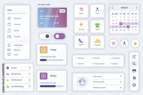 User interface elements set for shopping mobile app. Kit template with HUD diagrams, profile information, credit card payment, basket, search products. Pack of UI, UX, GUI screens. Vector components.