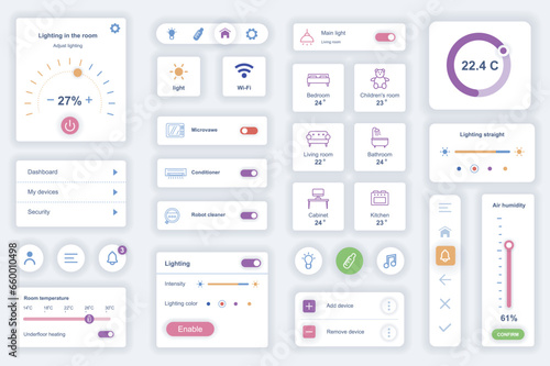User interface elements set for smart home mobile app. Kit template with HUD diagrams, security control, monitoring temperature, electricity, lighting. Pack of UI, UX, GUI screens. Vector components.