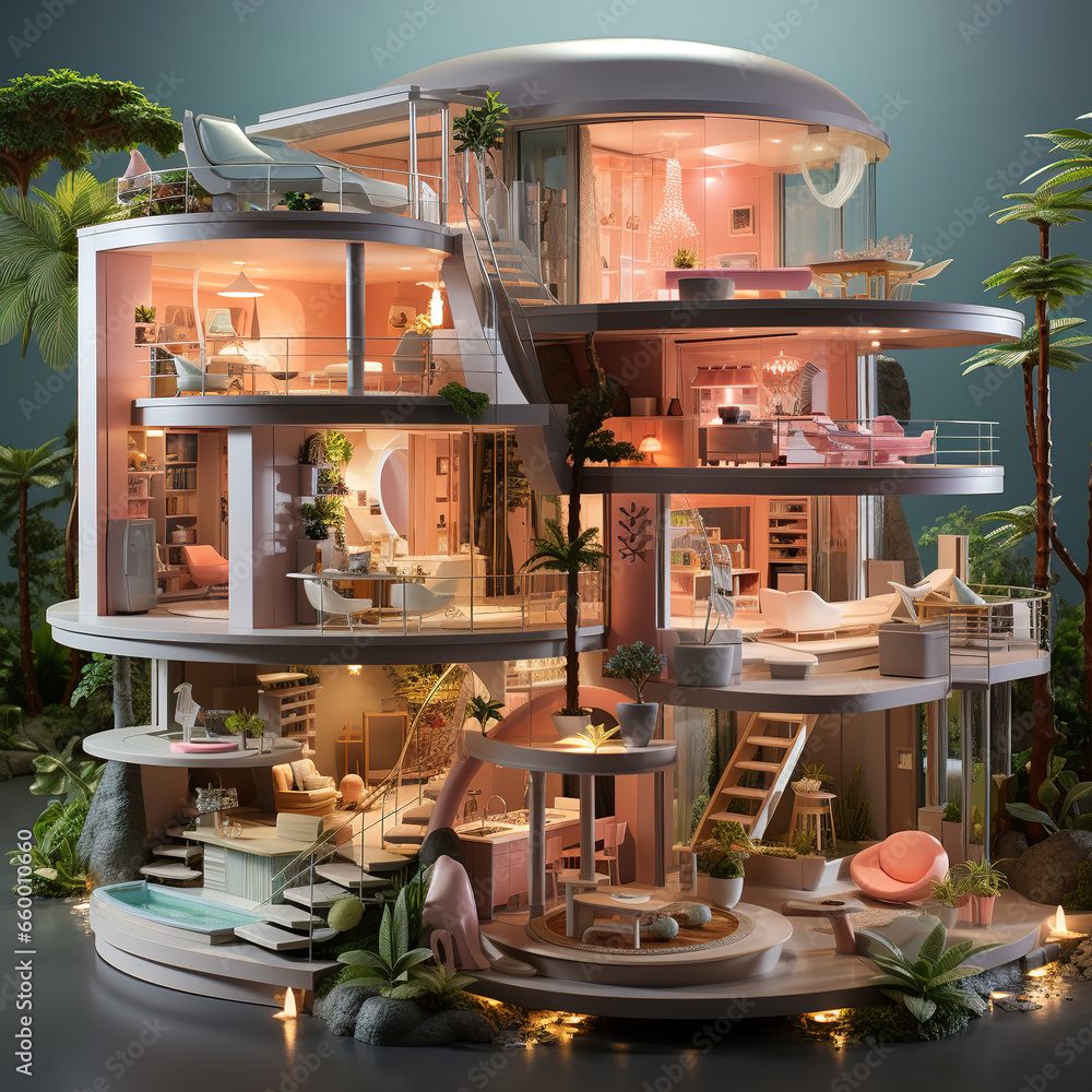 A 3D rendering of a pink and white tropical house