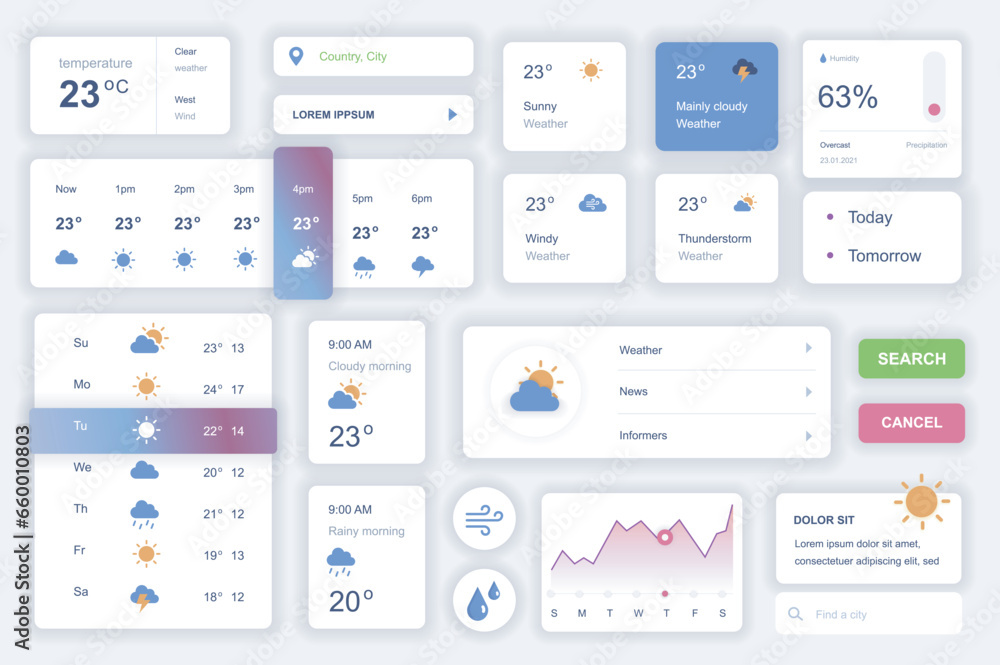 User interface elements set for weather mobile app. Kit template with HUD diagrams, meteorology forecast, temperature, sun, cloud and rain elements. Pack of UI, UX, GUI screens. Vector components. - obrazy, fototapety, plakaty 