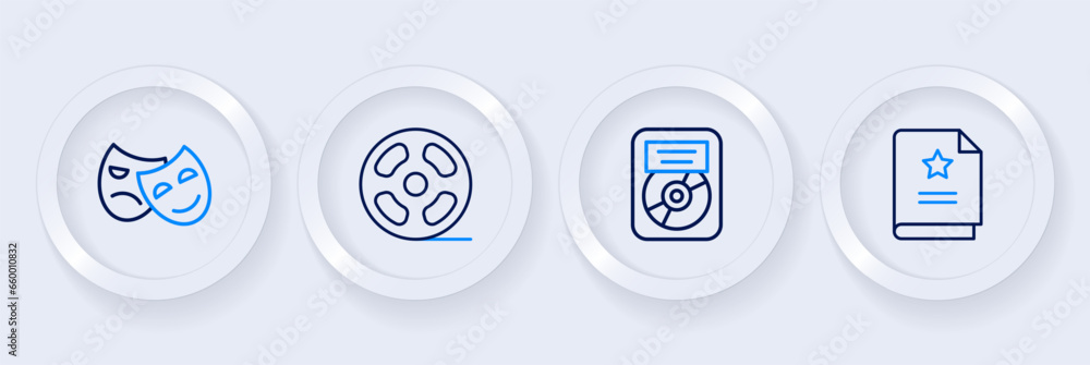 Set line Scenario, CD disk award in frame, Film reel and Comedy and tragedy masks icon. Vector Set line Scenario, CD disk award in frame, Film reel and Comedy and tragedy masks icon. Vector