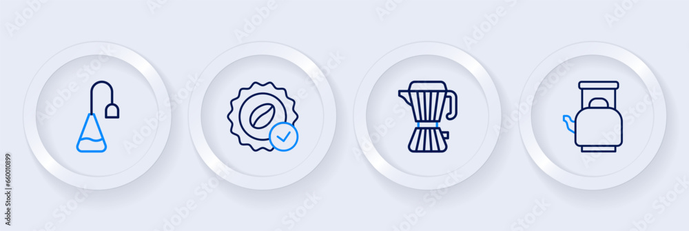 Set line Kettle with handle, Coffee maker moca pot, Medal for coffee and Tea bag icon. Vector Set line Kettle with handle, Coffee maker moca pot, Medal for coffee and Tea bag icon. Vector