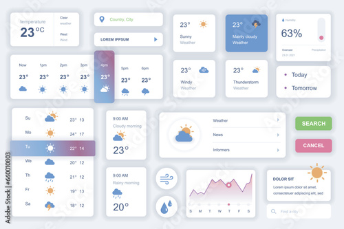 User interface elements set for weather mobile app. Kit template with HUD diagrams, meteorology forecast, temperature, sun, cloud and rain elements. Pack of UI, UX, GUI screens. Vector components.