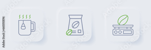 Set line Electronic coffee scales, Bag beans and Cup tea with bag icon. Vector