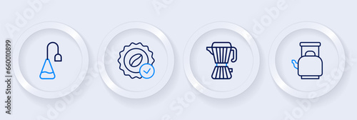 Set line Kettle with handle, Coffee maker moca pot, Medal for coffee and Tea bag icon. Vector