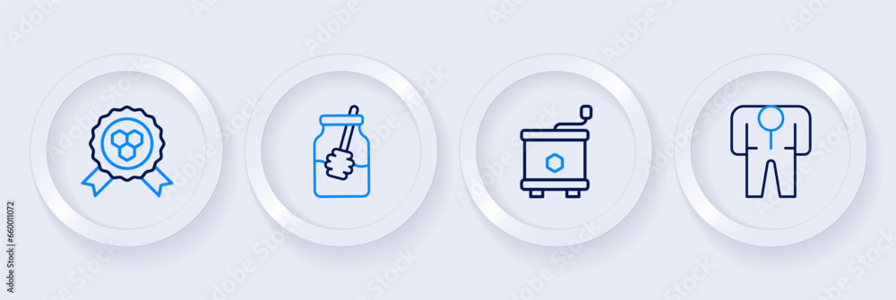 Set line Beekeeper costume, Honey extractor, Jar of honey and dipper stick and award icon. Vector Set line Beekeeper costume, Honey extractor, Jar of honey and dipper stick and award icon. Vector
