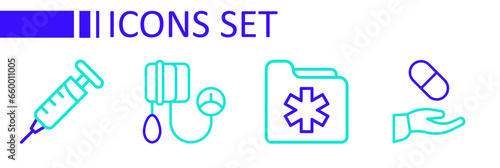 Set line Medical prescription, health record folder, Blood pressure and Syringe icon. Vector