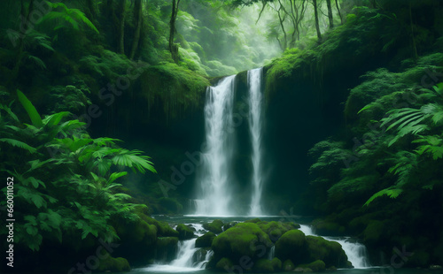 A cascading waterfall hidden within a lush, emerald-green rainforest, surrounded by ancient trees and vibrant flora. ai generative © Big