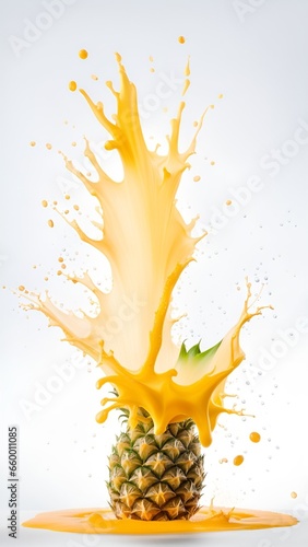 Pineapple bursts with juice splash on isolated white background.