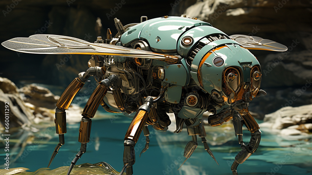 Fototapeta premium a flying robot with a green wings. high quality illustration