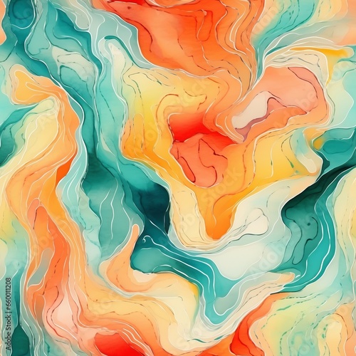 seamless pattern with abstract watercolor splashes and flows, orange and teal color grading