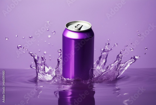mock up product photograph of a purple color beverage/ aluminum soda can isolated in splash of water, copy space for text