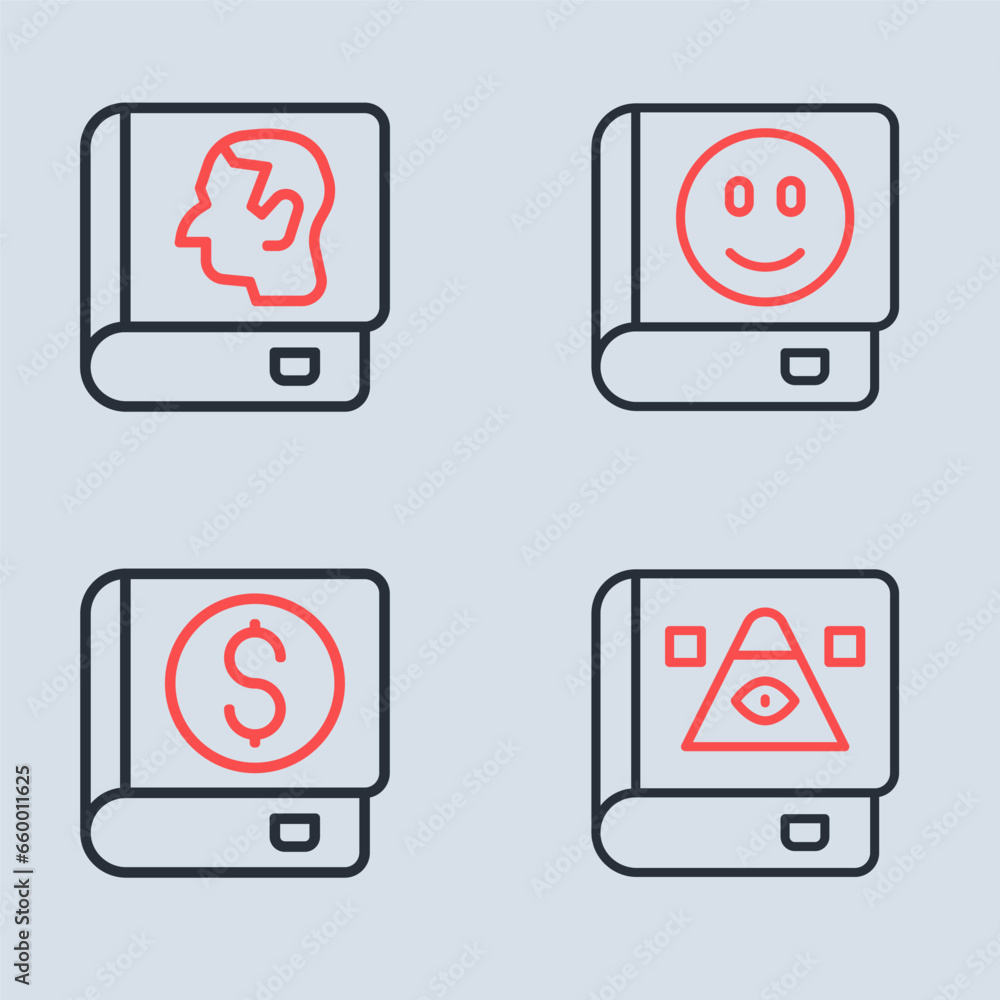 Set line Book, Financial book, Ancient magic and Law icon. Vector Set line Book, Financial book, Ancient magic and Law icon. Vector