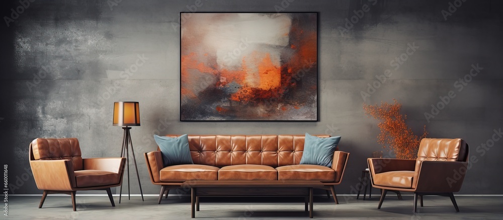 artwork of a brown sofa with grey chairs around it