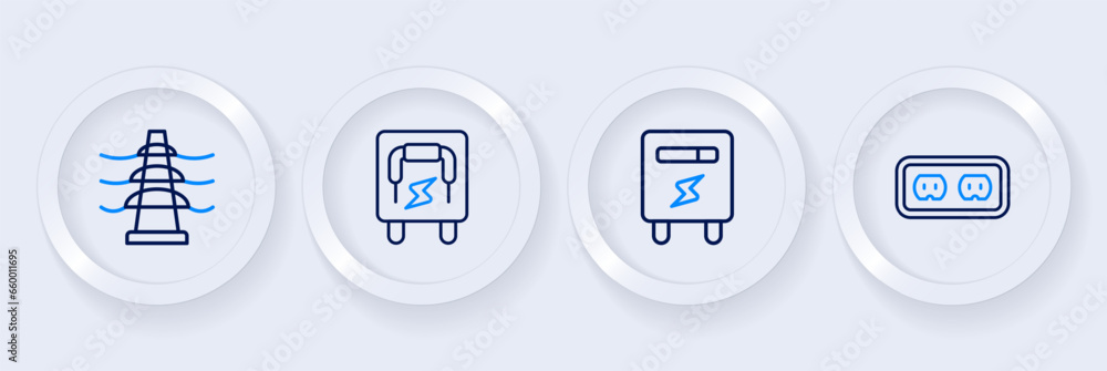 Set line Electrical outlet, meter, panel and tower line icon. Vector