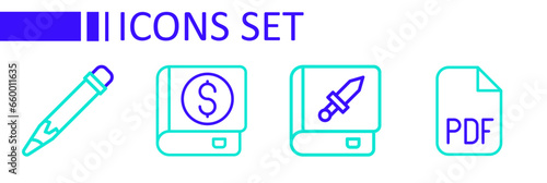 Set line PDF file document, Book about weapon, Financial book and Pencil with eraser icon. Vector