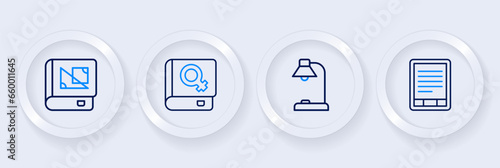 Set line E-Book reader, Table lamp, about women and geometry icon. Vector