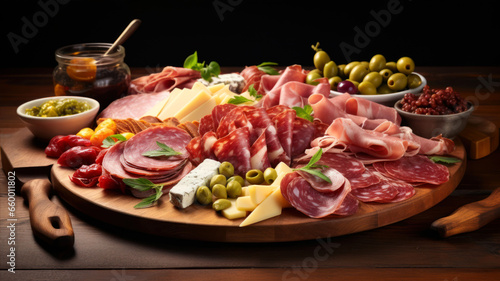 Antipasto platter with salami, ham, cheese and olives photo