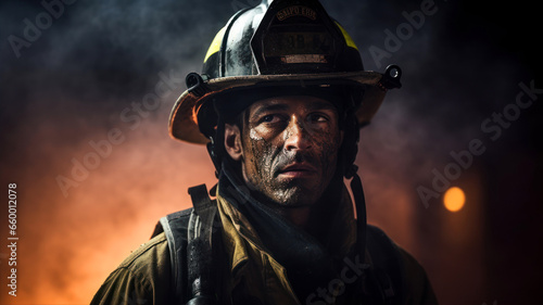 Portrait of fireman in uniform and helmet. Firefighter in action.