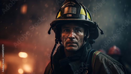 Portrait of fireman standing in fire station. Firefighter wearing uniform and helmet.