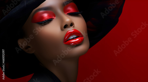 Dark-skinned woman with red lipstick on her lips © Taisiia