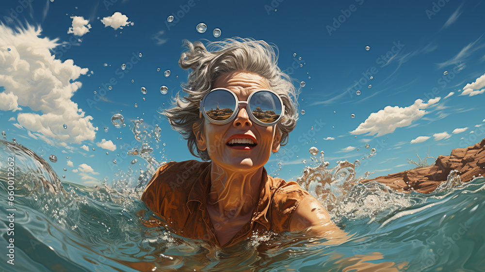 Fototapeta premium elderly woman with a goggles underwater in the sea.