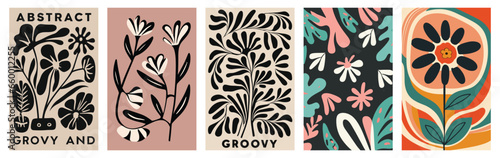 Set of Contemporary Groovy Floral Art - Matisse-Inspired Minimalist Style, Collection.
