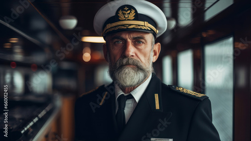 Portrait of a pilot in a ship's cabin. Shot in a ship's cabin. photo