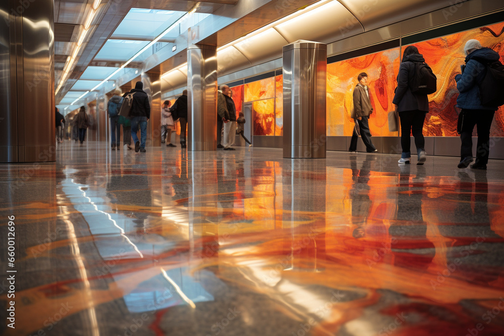 Passengers queue up along the platform's edge, their reflections mirrored in the polished marble floors, creating a symphony of patterns and colors. 