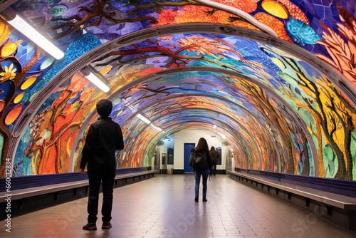 At an underground platform adorned with vibrant mosaics, passengers wait amidst a kaleidoscope of colors, each tile telling a story of the city's history.  photo