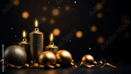 Christmas background with burning candles  golden balls and ribbons on black